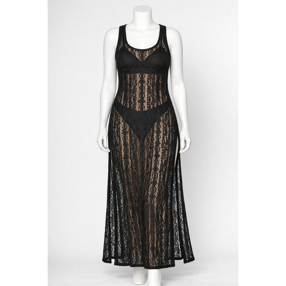 Black Lace Racerback Maxi Coverup‎ Side Slits Size XS/SM Resort Wear Sexy Gothic
